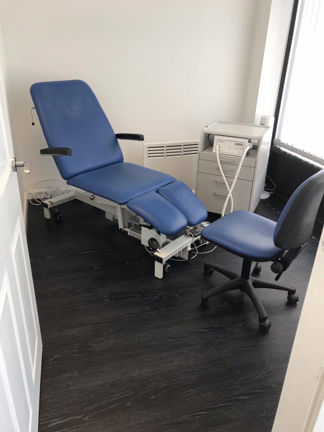 The blue footcare treatment chair in our bright Horsforth practice room